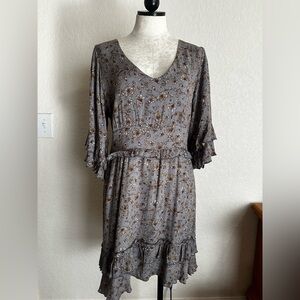 Floral Ruffle Sleeve Dress - Gray